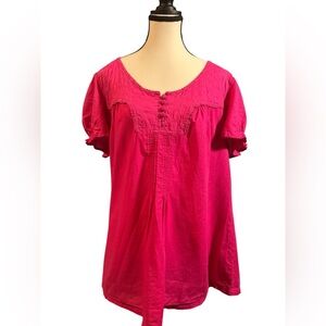 Lane Bryant Fuchsia Blouse with Embroidery Details. 100% Cotton.